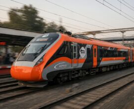 An orange and grey train speeds down the tracks