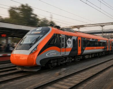 An orange and grey train speeds down the tracks