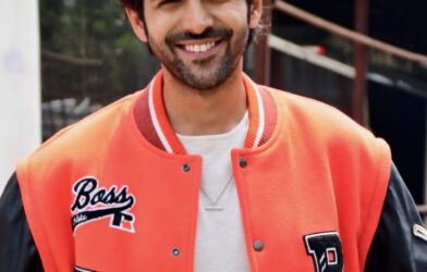 Actor Kartik Aaryan posing during a film production event