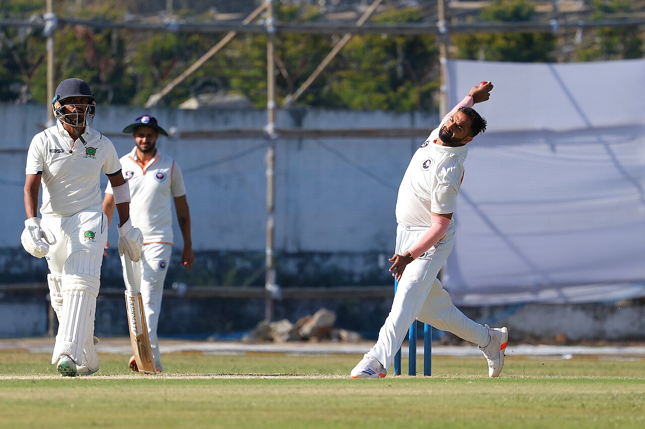 Auqib Nabi bowling for India during a cricket match