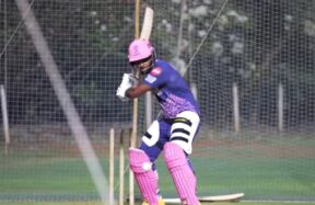 Sanju Samson playing a shot during his 67-run knock against New Zealand