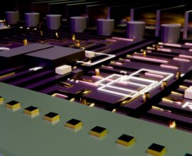 A detailed electronic circuit board with components and glowing traces