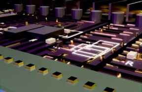 A detailed electronic circuit board with components and glowing traces