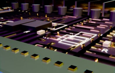A detailed electronic circuit board with components and glowing traces