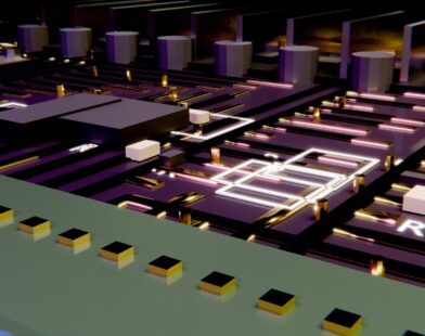 A detailed electronic circuit board with components and glowing traces