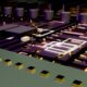 A detailed electronic circuit board with components and glowing traces