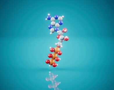 3D molecular model of atp on a blue background