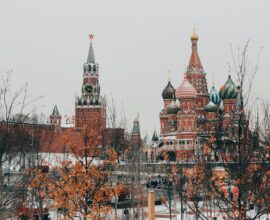 Saint Basil's Cathedral and Spasskaya Tower in Moscow during a snowy winter day
