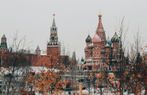 Saint Basil's Cathedral and Spasskaya Tower in Moscow during a snowy winter day