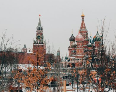 Saint Basil's Cathedral and Spasskaya Tower in Moscow during a snowy winter day