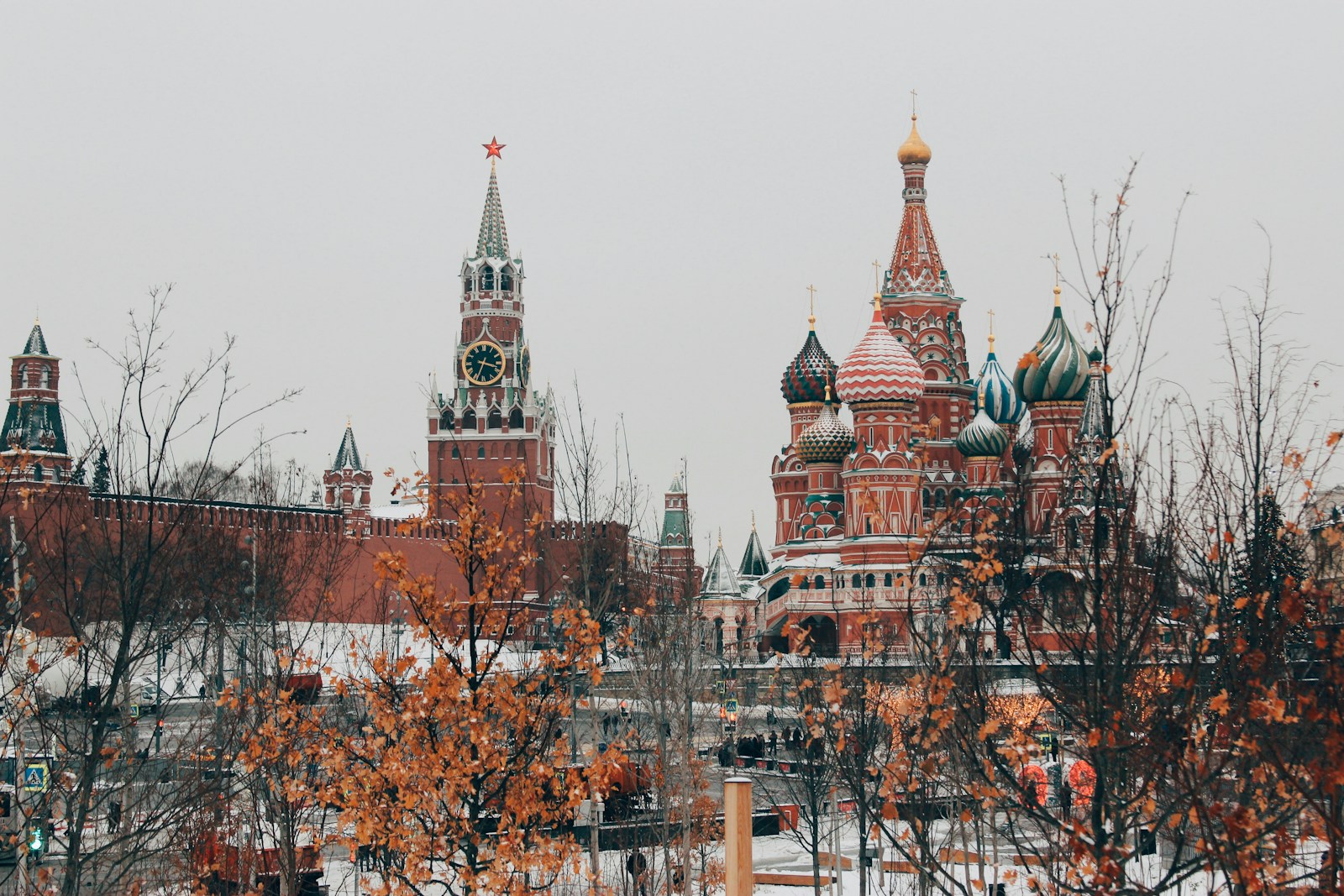 Saint Basil's Cathedral and Spasskaya Tower in Moscow during a snowy winter day