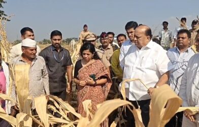 नंदुरबार जिल्ह्यात दुष्काळग्रस्त भागाची पाहणी करताना पालकमंत्री हसन मुश्रीफ