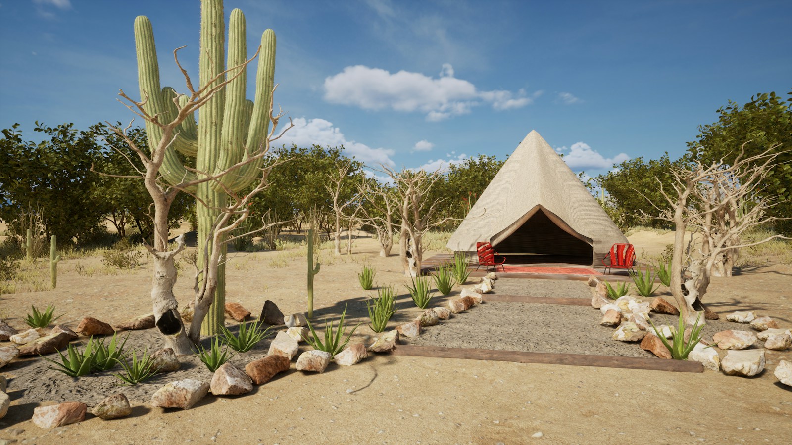 Desert glamping tent with cactus under a blue sky