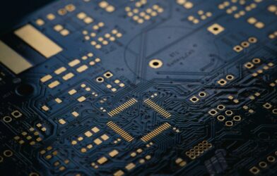 close up of dark blue circuit board