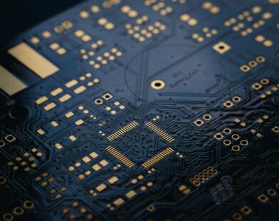 close up of dark blue circuit board