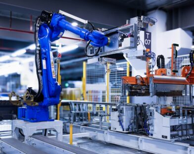 blue industrial robot arm in factory