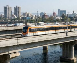 A modern train travels on an elevated track over water