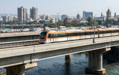 A modern train travels on an elevated track over water