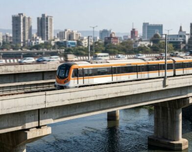A modern train travels on an elevated track over water
